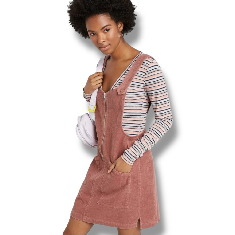 Wild Fable Dusty Rose Corduroy Zip Front/Pockets Sleeveless Overall Mini Dress - Picture 4 of 16
